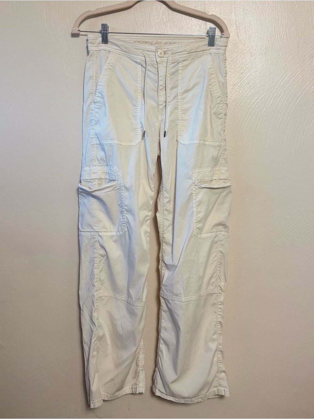 American Eagle Womens Pants Baggy Wide Leg Cargo Lyocell Pockets Stretch Cream 2